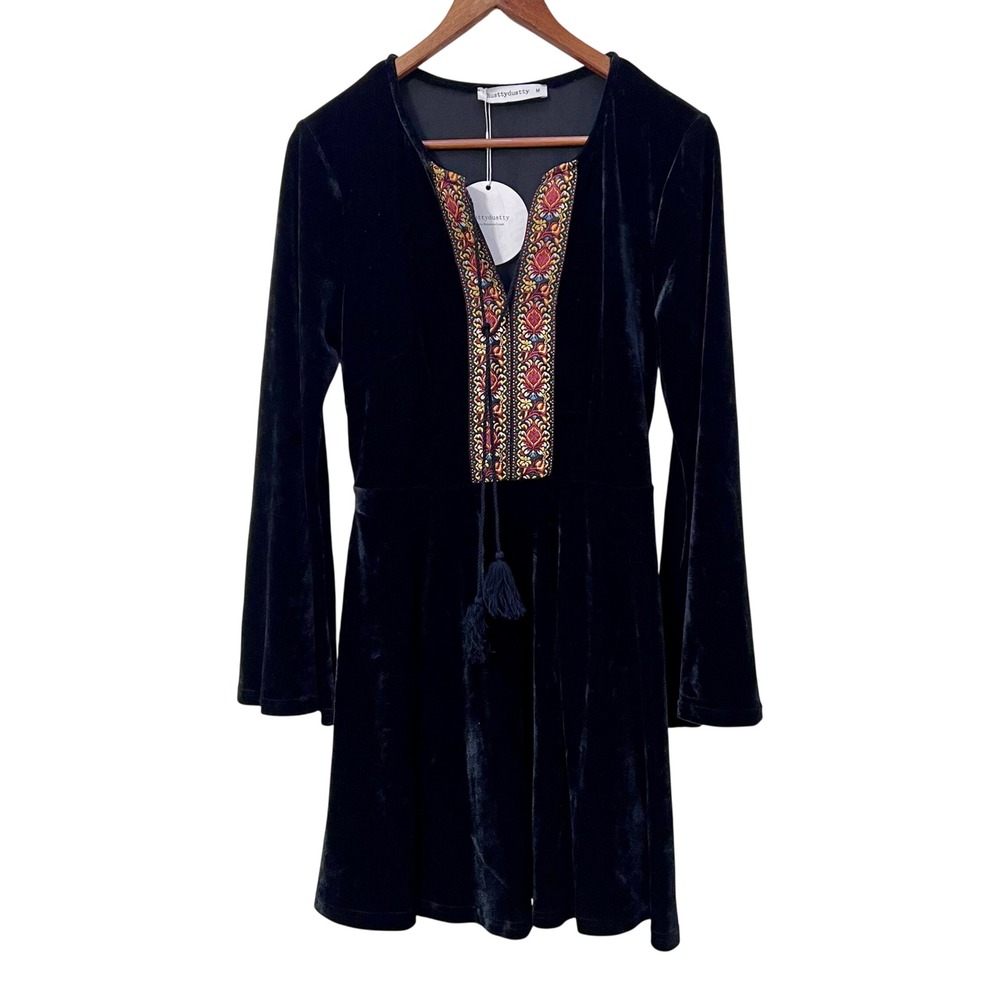 Rusttydustty Black Velvet Embroidered Boho Mini Dress Bell Sleeve Tassel‎ NWT M